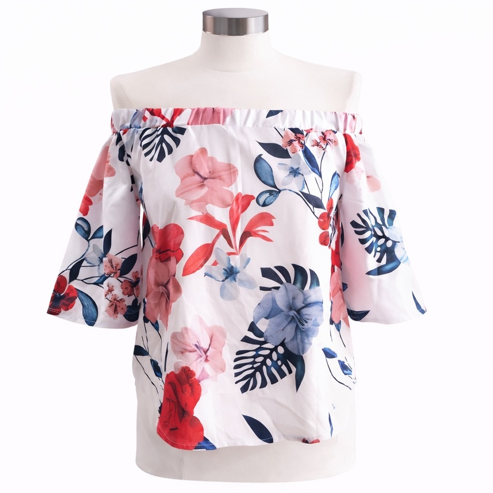 Floral Off Shoulder Blouse White Pink Blue Summer Top Lightweight Size S/M